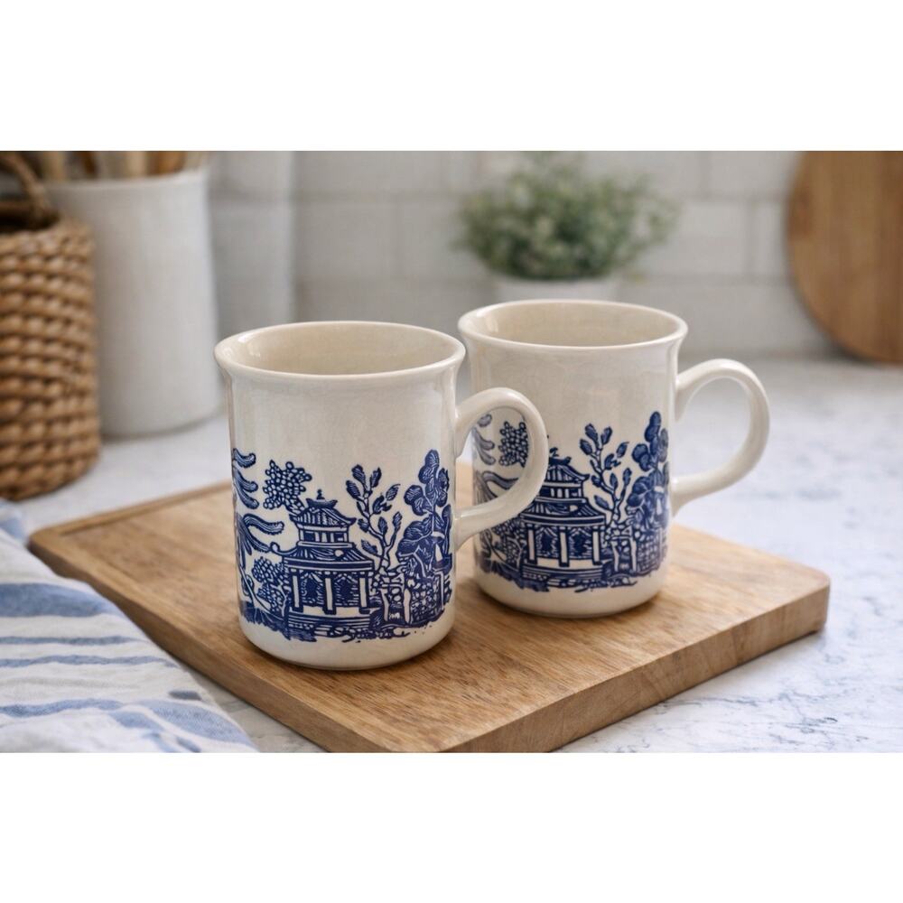 Blue Willow Stoneware Mugs Set of 2 Vintage Blue & White Chinoiserie Cups